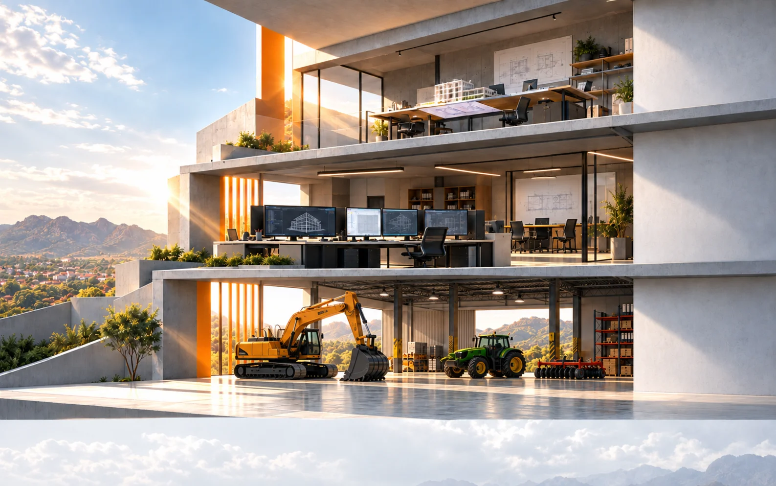 Três ambientes conectados: engenharia, máquinas e tecnologia.