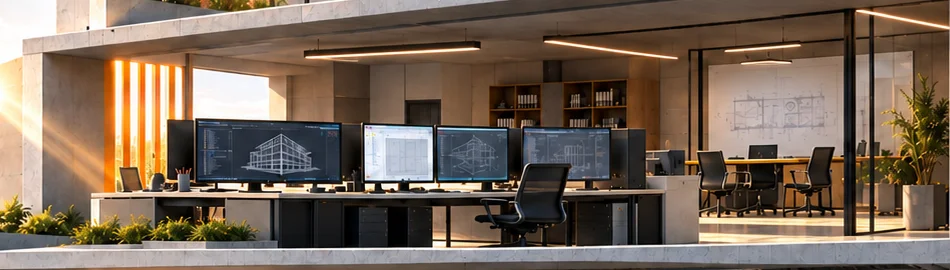 Andar de tecnologia, com estações de trabalho e monitores.
